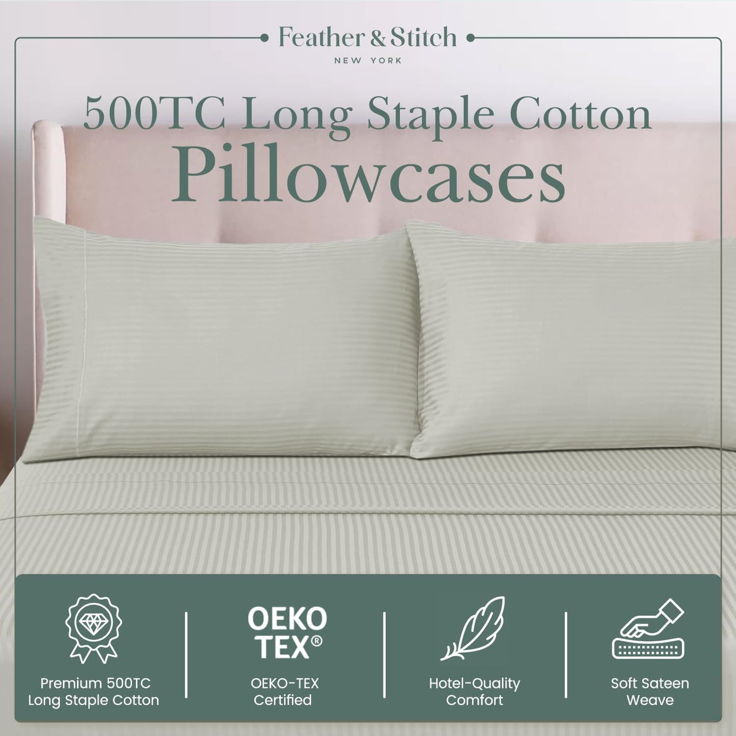 Feather & Stitch 100% Cotton Standard Pillow Covers Set of 2, 500TC Envelope Closure Pillowcases, Soft Luxury Damask Stripe Sateen Weave Pillow Case for Sleeping, 20x30 Inches - Blue Blush Stripe