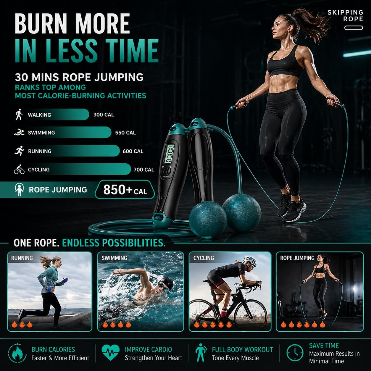 HARCOS Cordless Jump Rope with Counter & LCD Display – 2-in-1 Weighted Ball Skipping Rope & Adjustable Steel Cable – Tangle-Free Speed Jump Rope for Women, Men & Kids – Home Gym Cardio Fitness Equipment