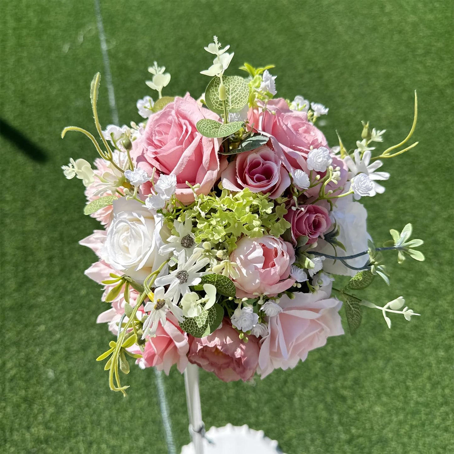 8.6in Blush Wedding Bouquets for Bride Bridesmaid, Pastel Pink White Green Bouquet Artificial Fake Silk Roses Flowers for Wedding Spring Garden Boho Rustic Decoration Toss Bouquet