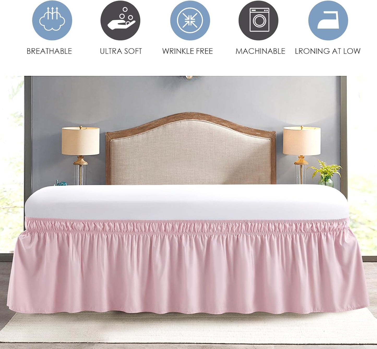 FreshCulture Full Bed Skirt, Elastic Wrap Around Bed Skirt Full Bed, Easy Fit with 15-Inch Tailored Drop, Hotel Quality Dust Ruffle for Full Size Bed, Bed Skirt Full Size (Dusty Pink)