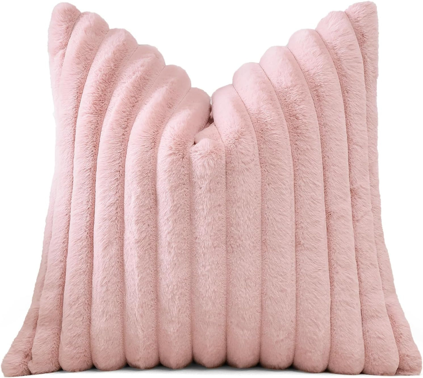 OTOSTAR Blush Pink Faux Rabbit Fur Decorative Throw Pillow Cover 18x18 Inch Soft Cozy Plush Striped Pillowcase Velvet Cushion Cover for Sofa Couch Bed Living Room