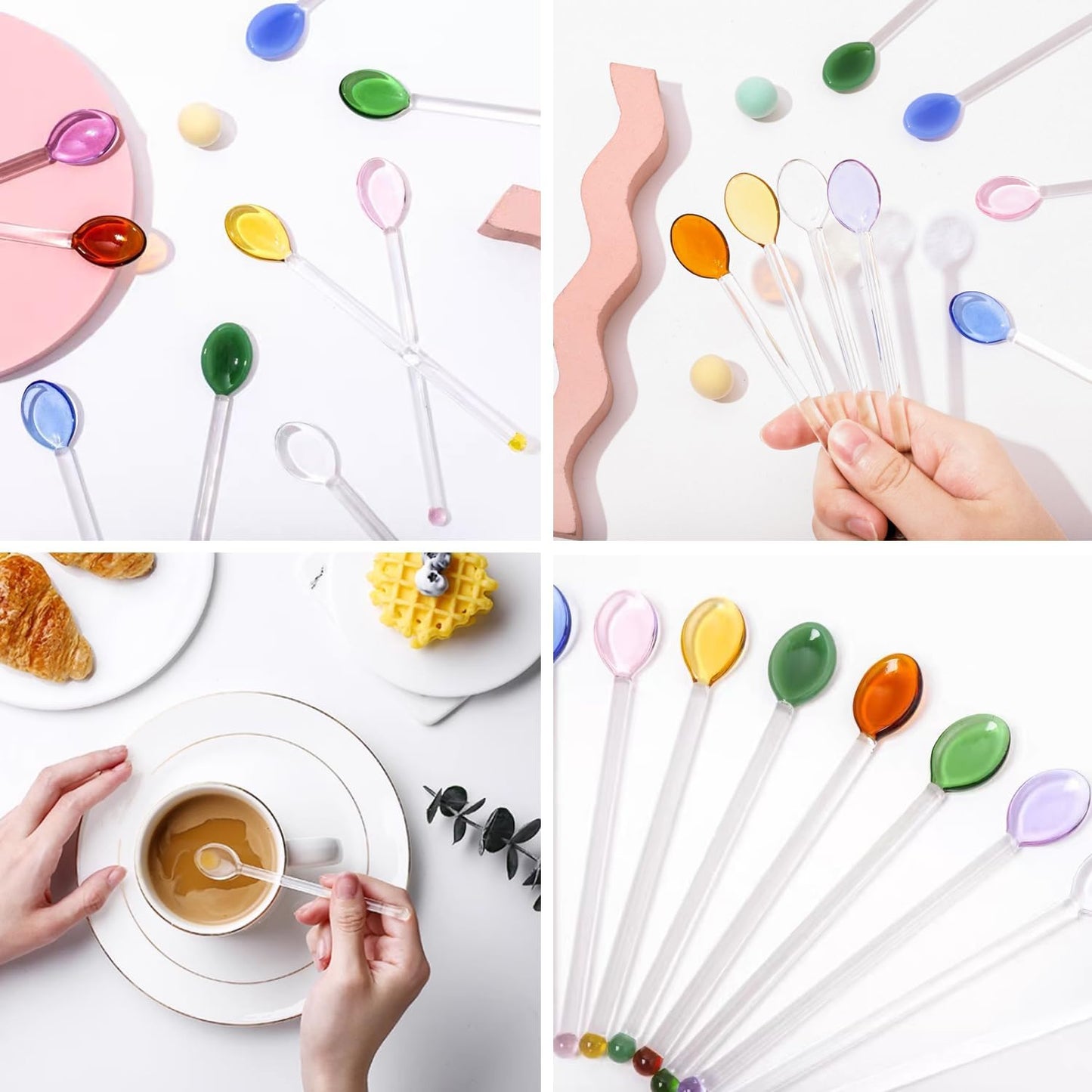 5 Piece Glass Spoons Colorful Glass Stirring Spoon Mini Coffee Stirrers Milk Juice Ice Cream Tea Spoon Teaspoons Dessert Spoon Glass Mixing Spoon for Home Bar Party (pink)