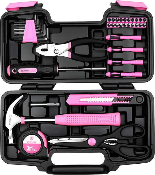 DEKOPRO 39-Piece Pink Household Tool Kit for Women, Basic Hand Tool Set with Plastic Toolbox Storage Case, Small Starter Tool Box Set for Home Repairs, DIY Projects, Crafts and Dorm Essentials