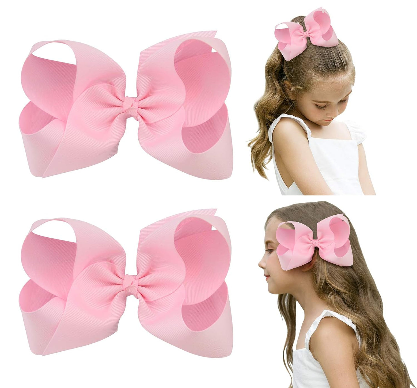 DEEKA 2 PCS 6" Big Hand-made Grosgrain Ribbon Solid Color Hair Bows Alligator Clips Hair Accessories for Little Teen Toddler Girls Kids Set of 2 -Light Pink