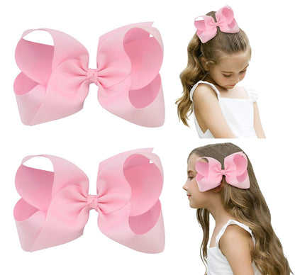 DEEKA 2 PCS 6" Big Hand-made Grosgrain Ribbon Solid Color Hair Bows Alligator Clips Hair Accessories for Little Teen Toddler Girls Kids Set of 2 -Light Pink