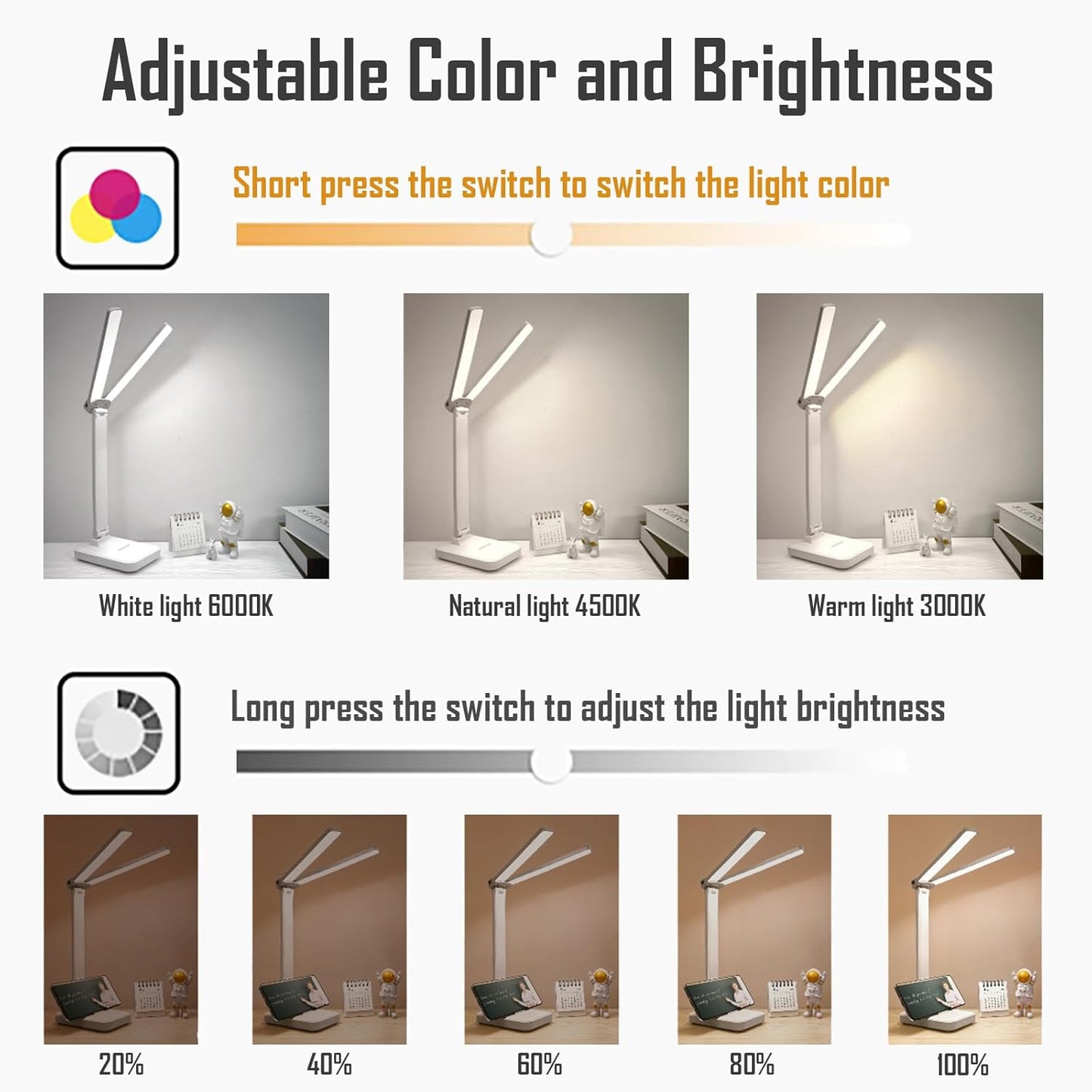 LED Double Head Desk Lamp, Rechargeable Portable Table Lamp, Adjustable Light Color and Brightness, USB Powered, LED Light for Work, Reading, Emergency (Pink)