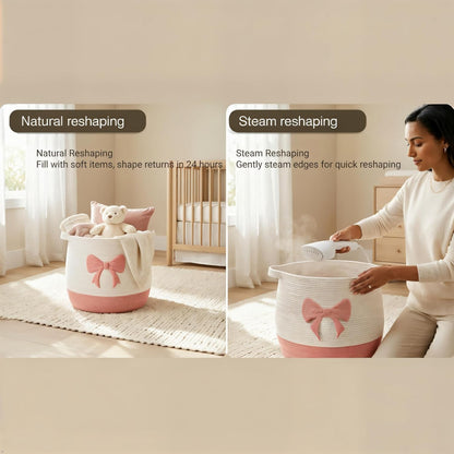 Baby Laundry Basket, Toy Storage Basket for Kids, Large Nursery Storage Basket with Pink Bow Design, Cotton Rope Organizer Bin with Handles for Toys, Blankets, Clothes and Baby Essentials