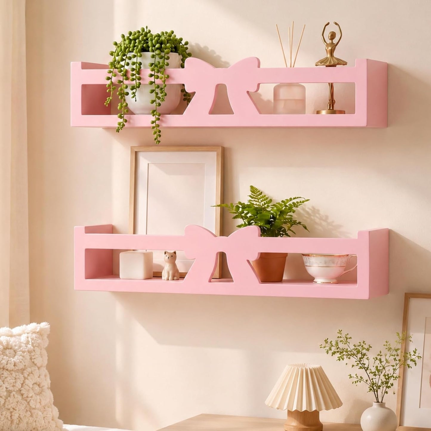 Pinkunn 2 Pcs Pink Bow Floating Wall Shelves Sweet Wooden Organizer Rack Adorable Ins Home Decor for Bedroom Bathroom Living Room Cafe Women, 16.5 x 3.9 x 3.5 Inches
