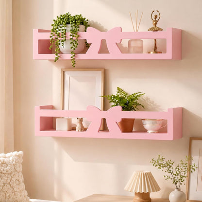 Pinkunn 2 Pcs Pink Bow Floating Wall Shelves Sweet Wooden Organizer Rack Adorable Ins Home Decor for Bedroom Bathroom Living Room Cafe Women, 16.5 x 3.9 x 3.5 Inches