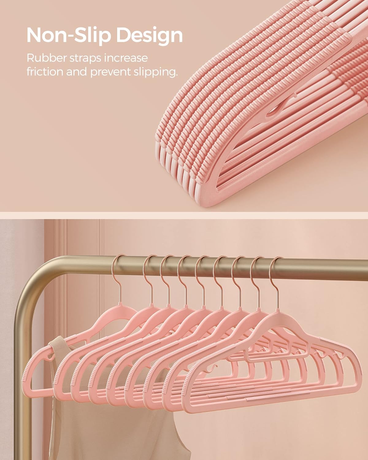 SONGMICS Pack of 50 Coat Hangers, Space-Saving Plastic Clothes Hangers, Non-Slip, 0.2 Inches Slim, 16.5 Inches Wide, 360° Swivel Rose Gold Hook, Light Pink UCRP20PK05