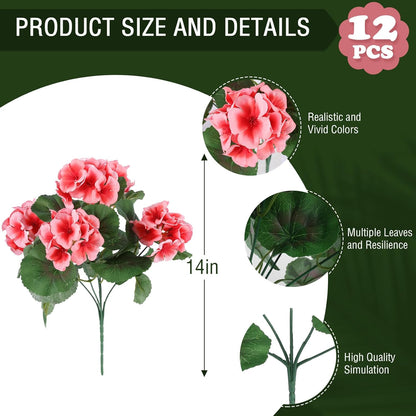 Hananona 12 Pcs Artificial Geranium Flowers for Outdoors Geranium Silk Flowers Outdoor UV Resistant Garden Plants Faux Flowers for Home Kitchen Table Centerpieces Decor (12, Peach)
