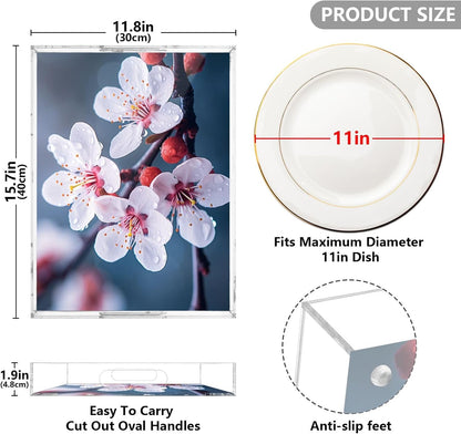 Plastic Food Serving Tray Decorative Vanity Trays for Bathroom Peach Blossom Coffee Table Kitchen Counter 11.8 * 15.7in