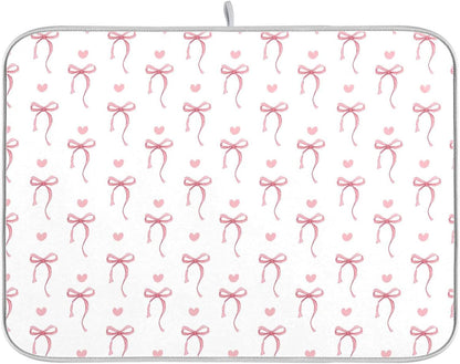 Pink Ribbon Bow Dish Drying Mat Quick Absorbent 16x18 Cute Bow Tie White Kitchen Drying Mat for Countertop Sink Reusable Dishes Mats Kitchen Essentials