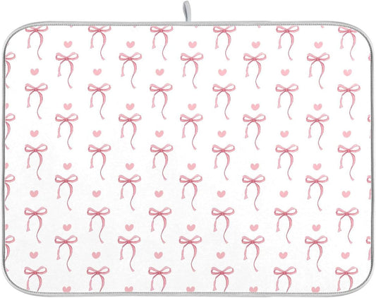 Pink Ribbon Bow Dish Drying Mat Quick Absorbent 16x18 Cute Bow Tie White Kitchen Drying Mat for Countertop Sink Reusable Dishes Mats Kitchen Essentials