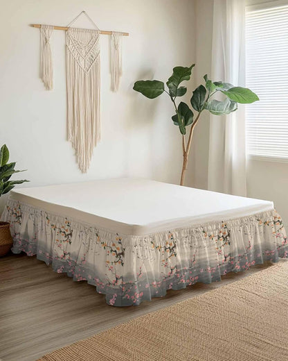 Chinese Ink Painting Bed Skirt Queen Size 16 Inch Drop, Wrap Around Bed Skirts, Pink Peach Blossom Branches Elastic Bedskirt Pleated Bed Frame Cover Luxurious Dust Ruffle for Queen Bed
