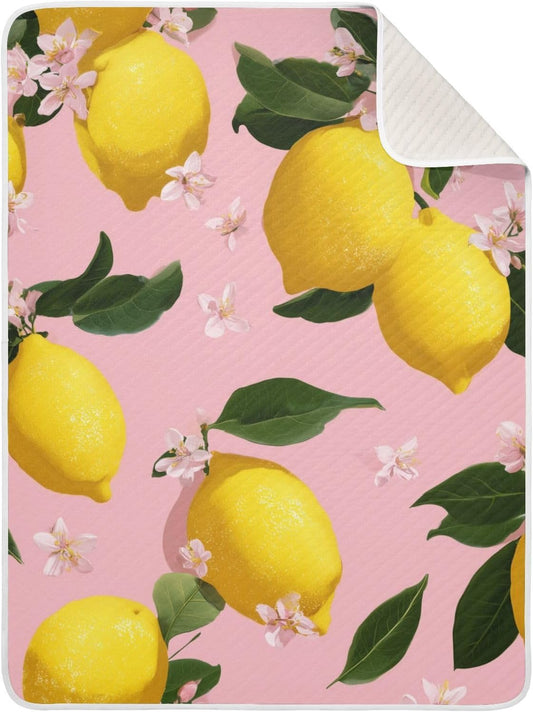 Yellow Lemon on Pink Baby Blanket Quilt - Soft Lightweight Cotton Baby Blankets for Boys & Girls, 30x40in
