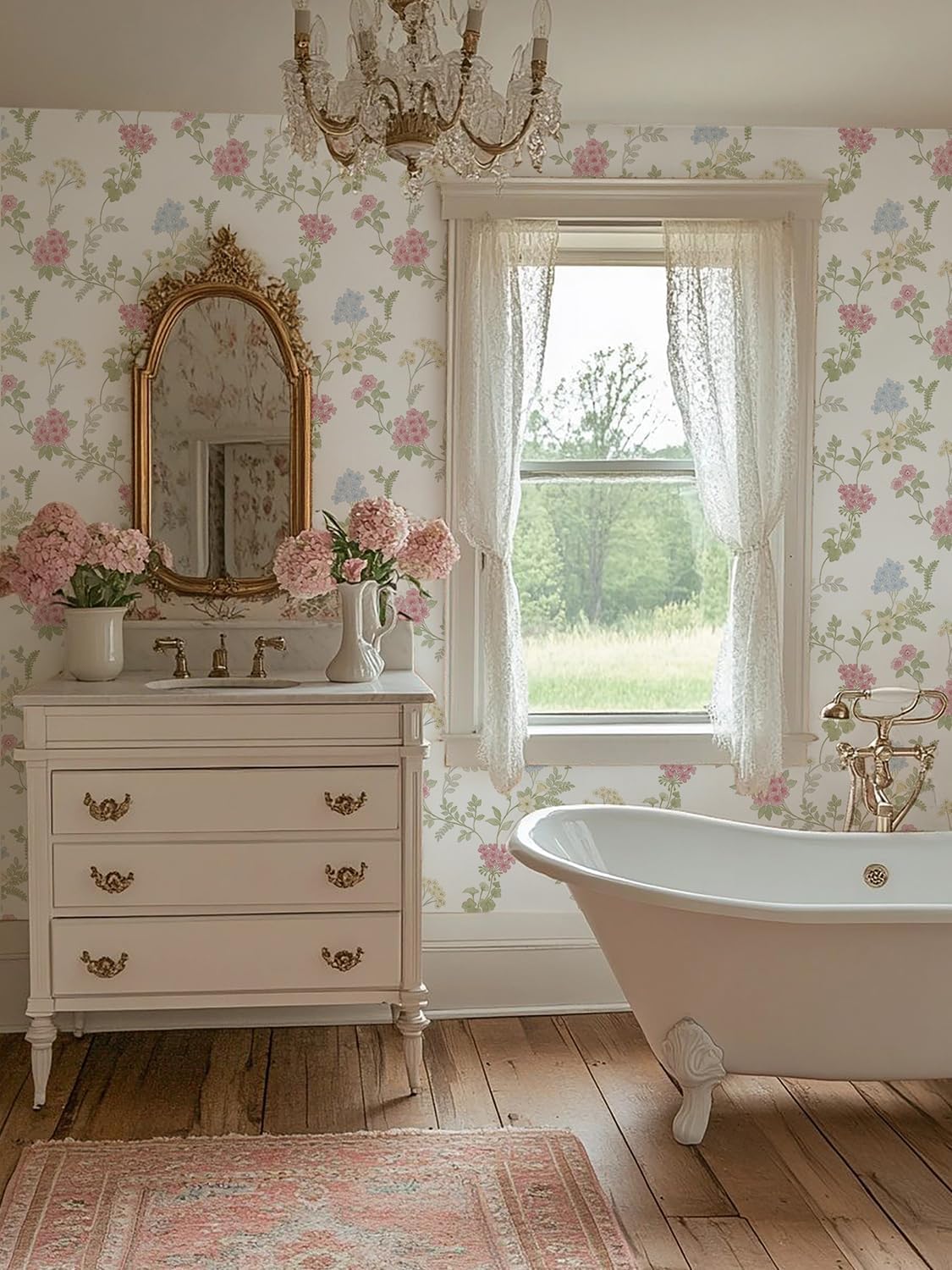 Orainege Pink Floral Peel and Stick Wallpaper Removable Self Adhesive Wall Paper 16.9inx118.1in Modern Wallpaper for Bedroom Bathroom Green Leaf Contact Paper for Cabinets