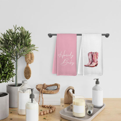 Pink Howdy Baby Cowgirl Kitchen Towels and Dishcloths Set of 2, Preppy Bathroom Decor, Preppy Dish Towels, Western Boots Decorative Hand Tea Towels for Girls Bathroom Kitchen, 16×24 Inch