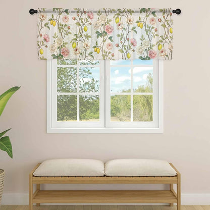 Spring Floral Sheer Curtains Valances for Windows Summer Lemons Farmhouse Art Rustic Chiffon Kitchen Valances for Cafe, Rod Pocket Voile Window Treatments Curtains for Living Room Bedroom, 54"x18"