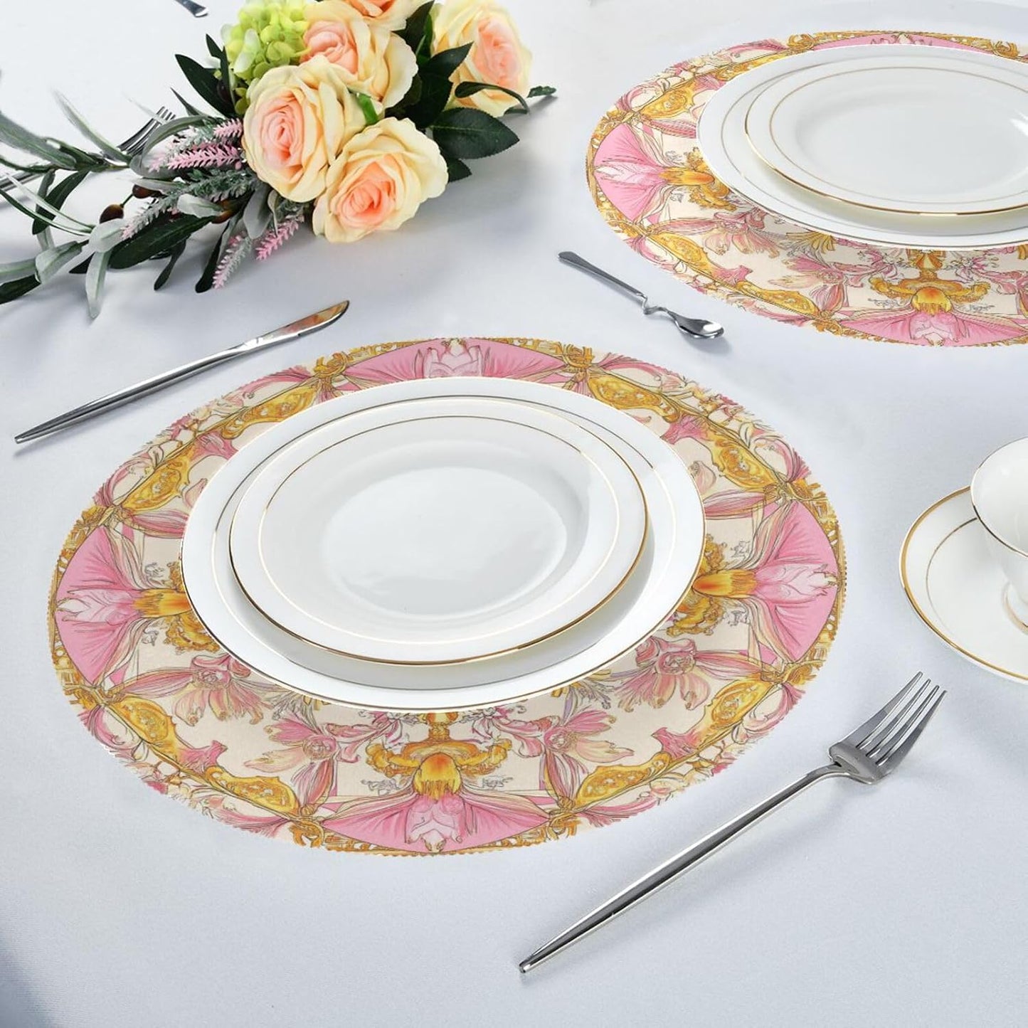 Retro Floral Pattern Gold and Peach Round placemat Reversible placemats Washable Cloth placemats Table Plate mat placemats Waterproof Set of 6 placemats for Non Slip 15.4x15.4in