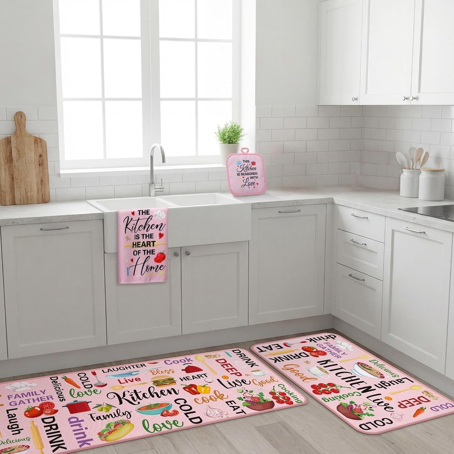 Fourluoo 10 Pcs Cuisine Pink Kitchen Decor and Accessories Set Pink Kitchen Towels Rugs Pot Holders Oven Mitts for Chef Cooking Baking Mom Housewarming Gifts