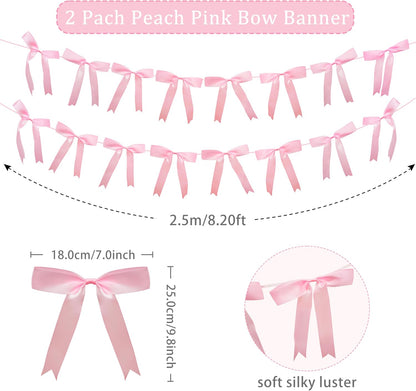 2pcs Pink Bow Garland Banner, Satin Ribbon Decorations for Coquette Theme Birthday and Bridal Shower Party Decor (Bow)