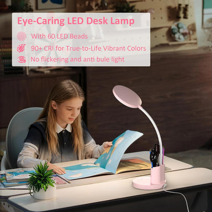 Desk Lamp, LED Desk Lamps for Home Office, Touch Table Lamp with 3 Color Modes 360° Adjustable Arm, Dimmable Desk Light with Pen Phone Holder for College Dorm, Pink