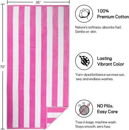 cabanana Large Oversized Beach Towel - 35 x 70 Inch Cotton Pool Towel, Pink Striped Soft Cabana Swim Towel