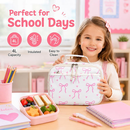 LOIDOU Insulated Lunch Bag for Kids Girls, Cute Bow Insulated Lunch Box Bag for Toddler, Womens Small Lunch Tote, Lunch Box Containers for School Work Picnic, Pink