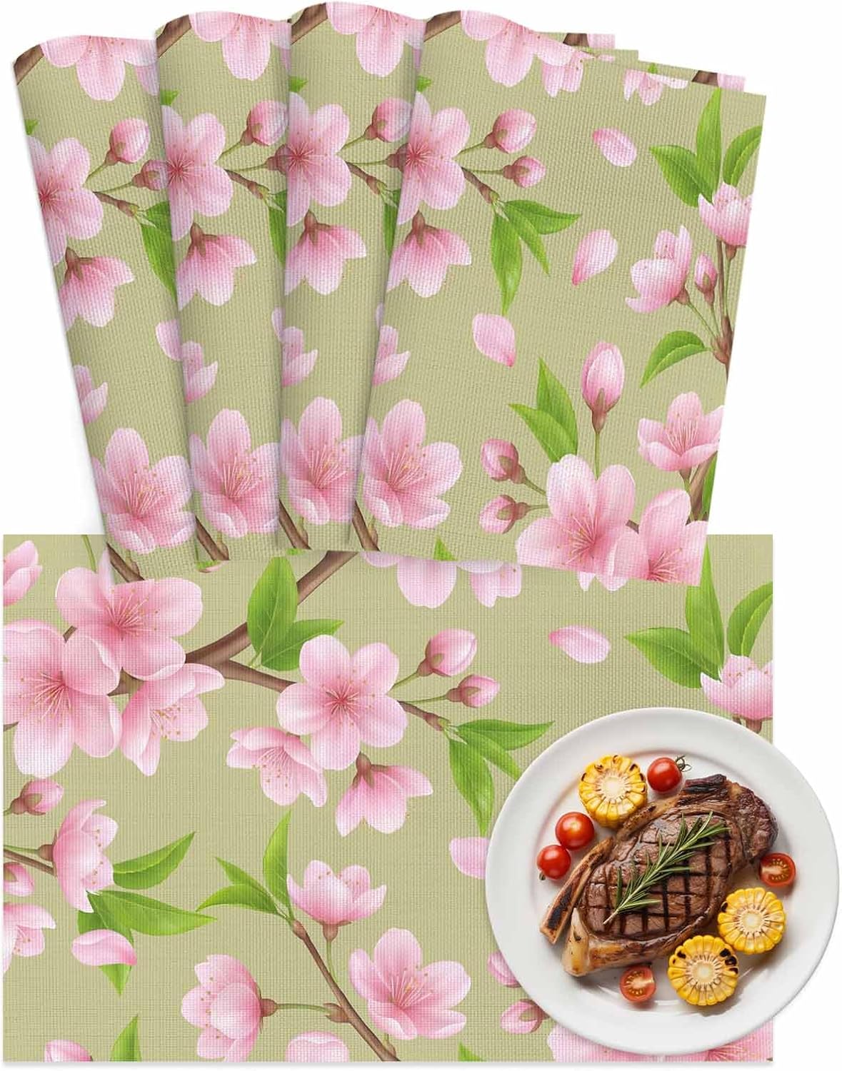 Pink Peach Flowers Placemats Set of 4, Washable PVC Kitchen Table Mats Place Mats, Spring Botanical Watercolor Floral Green Woven Vinyl Placemat for Dining Table, 13" x 19"