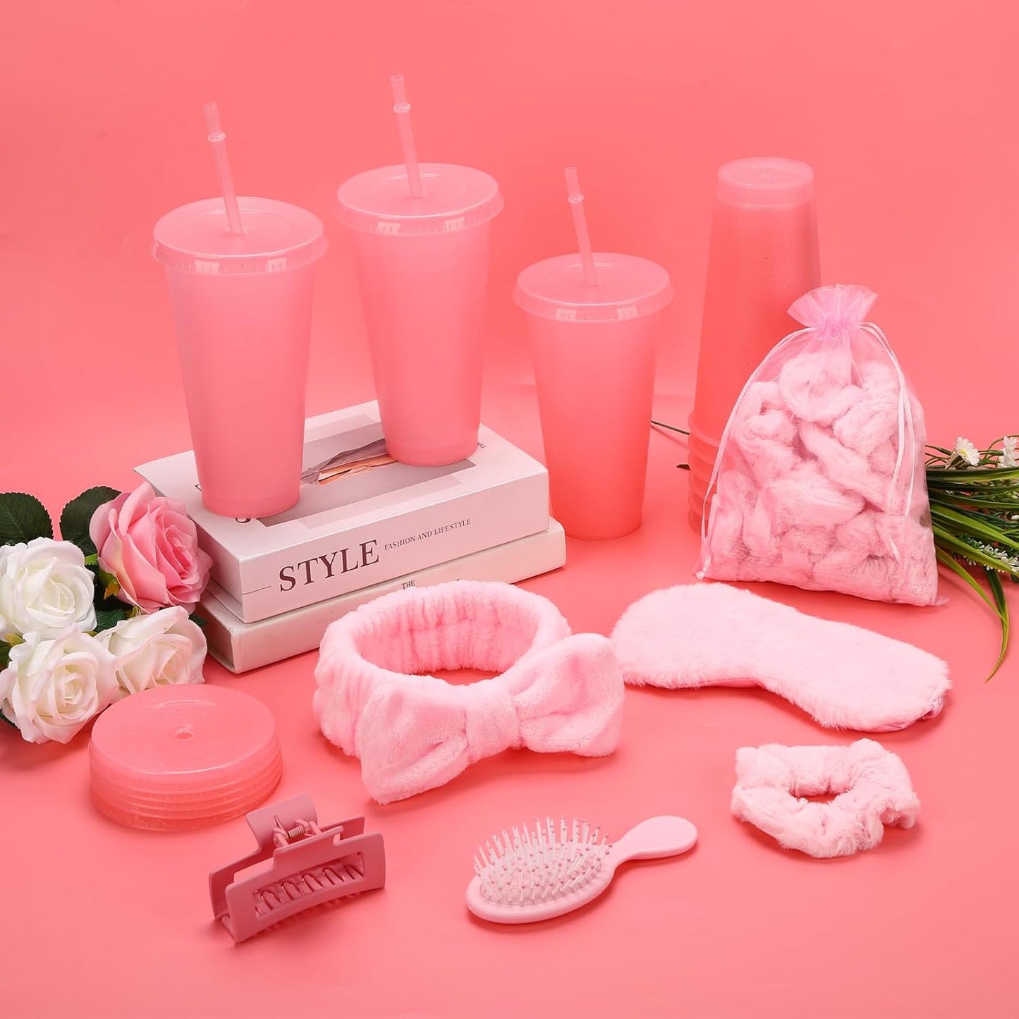 84 Pcs Pink Spa Party Supplies Bulk Include 12 Bow Hairbands 12 Hair Scrunchies 12 Glitter Cups 12 Sleep Eye Mask 12 Organza Bag 12 Hair Clips 12 Combs for Sleepover Party Supplies Spa Birthday Party