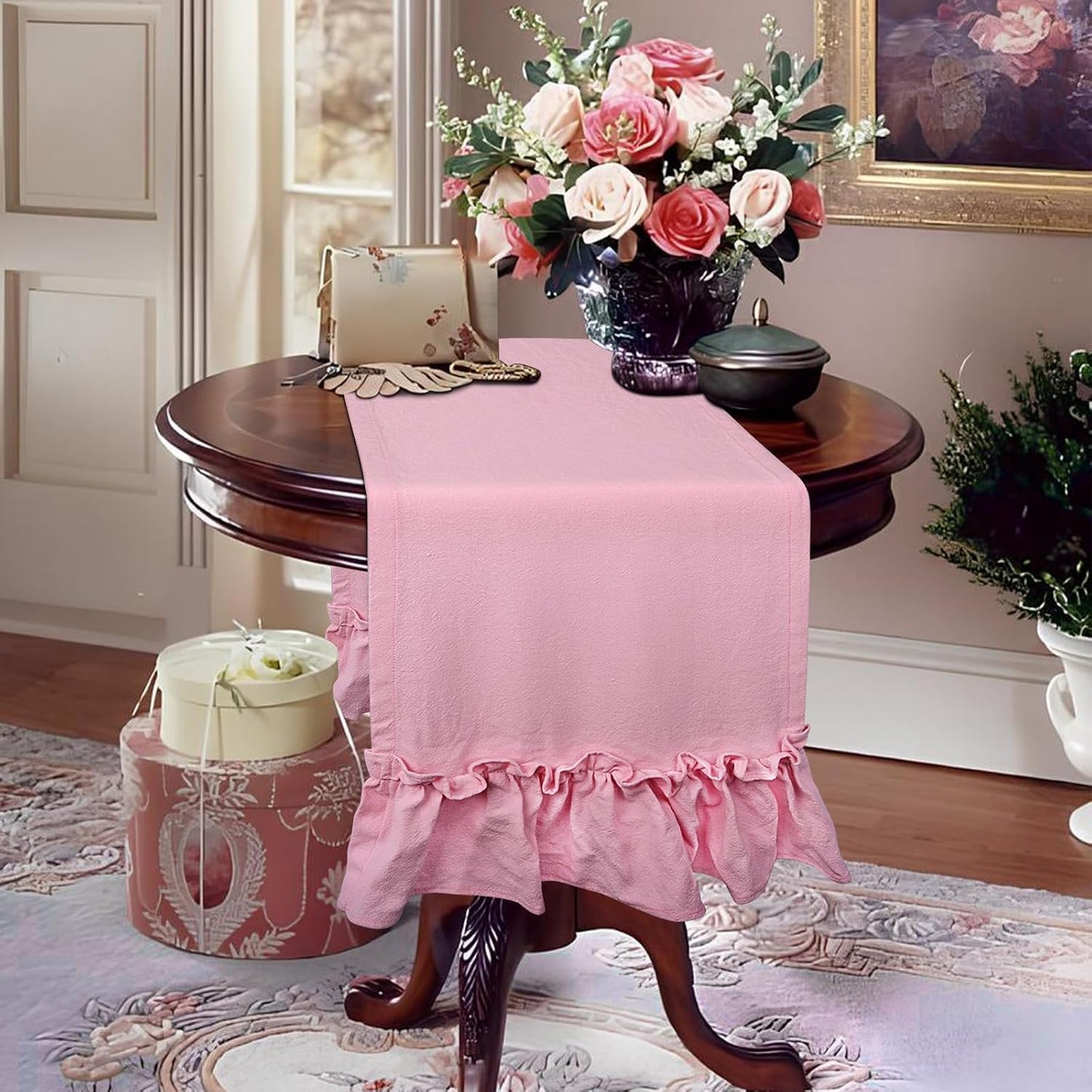 yuboo Pink Farmhouse Ruffle Table Runner, Shabby Pastel Table Runner for Baby Shower Kitchen Party Wedding, Coquette Spring Table Runners 12x54 Inches Rustic Table Decor