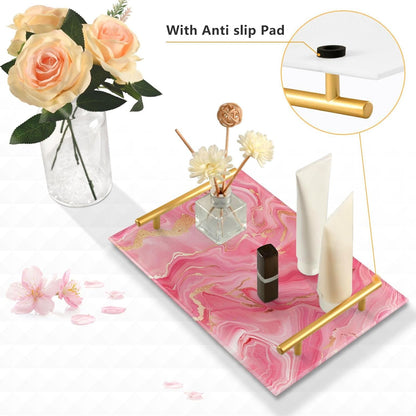 Peach Marble Decorative Dinner Trays with Handles Drink Serving Tray for Jewelry Perfume for Coffee Tables, Office