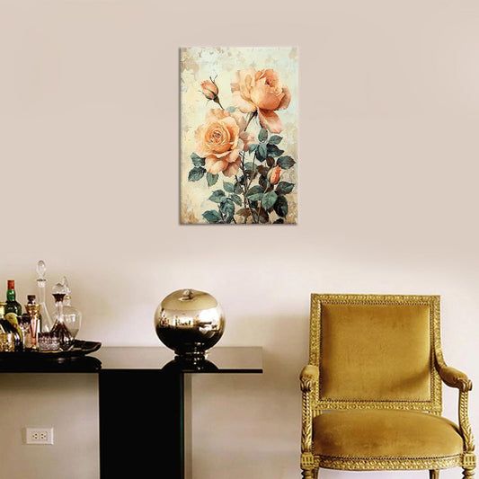 JHUAYIS Canvas Poster Vintage Rose Wall Art Peach Apricot Floral Botanical Print Single Panel Wall Decor for Bedroom Bathroom Office Gift Display, Framed Canvas, 18x12inch