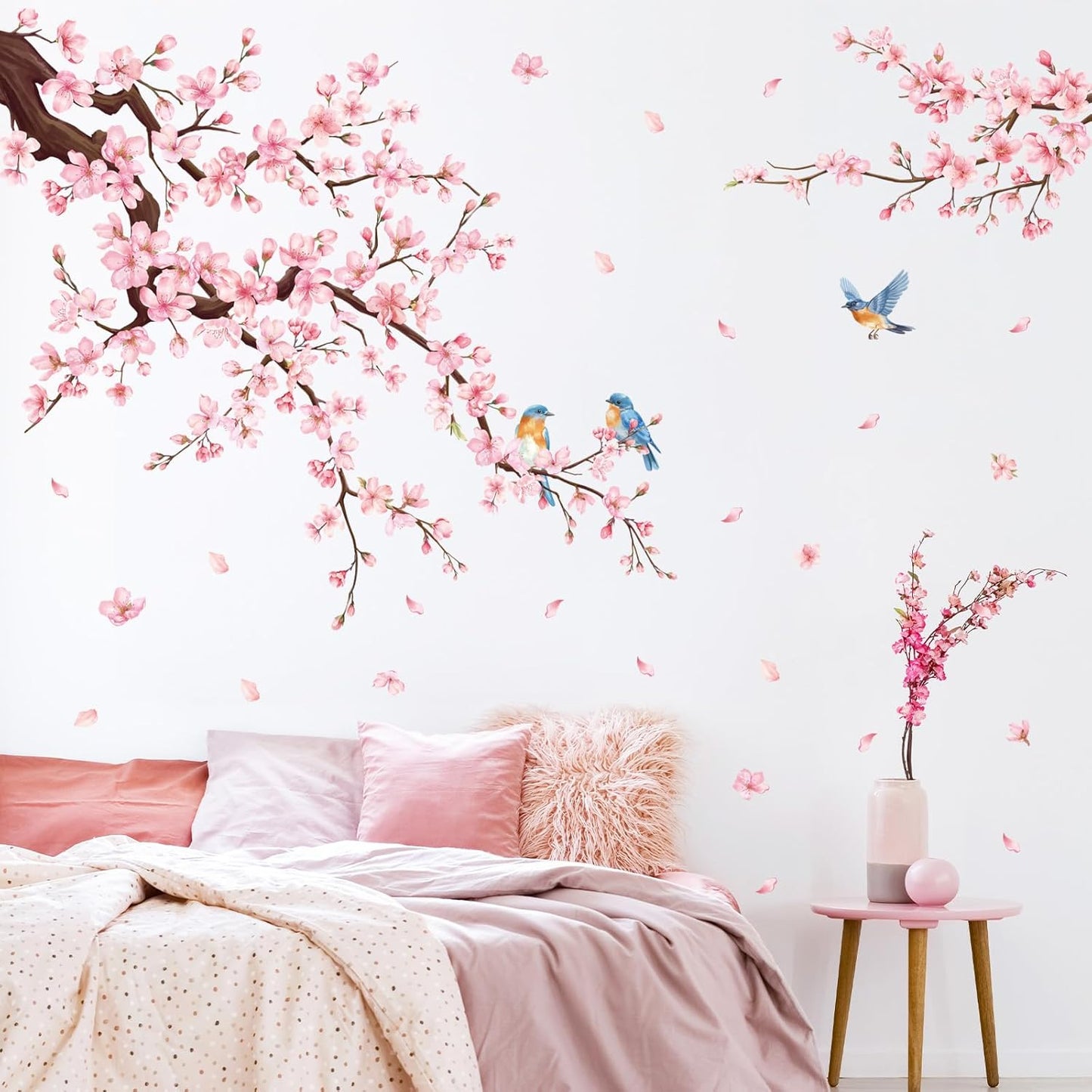 SHUCHING Cherry Blossom Wall Decals Peel and Stick, Pink Flower Branch Wall Sticker, Wall Decor Art for Girls Bedroom Living Room