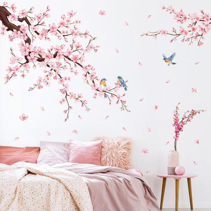 SHUCHING Cherry Blossom Wall Decals Peel and Stick, Pink Flower Branch Wall Sticker, Wall Decor Art for Girls Bedroom Living Room