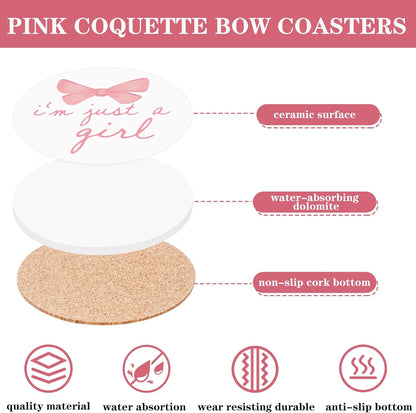FYSUIMU 4Pcs Pink Bow Coasters Coquette Bow Girly Ceramic Drink Coaster Cute Bowknots Round Mug Coaster Gender Reveal Baby Shower Cup Mat for Kitchen Home Office Party Table Decor