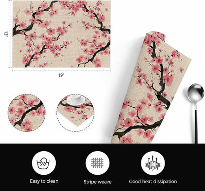 Spring Flowers Placemats Set of 4, Washable PVC Kitchen Table Mats Place Mats, Country Pink Peach Blossoms Botanical Floral Woven Vinyl Placemat for Dining Table, 13" x 19"