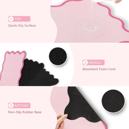 Scalloped Dish Drying Mat for Kitchen Counter, Absorbent Easy Clean Non-slip Coffee Bar Station Accessories, Trendy Cute Aesthetic Modern Drainer Kitchen Drying Mat, Pink 15" x 24"