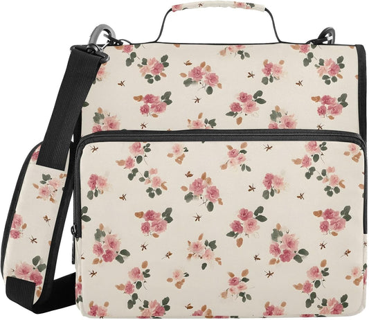 3 Ring Zipper Binder Retro Pink Floral Binders Bag with Shoulder Strap 500 Sheets Paper Organizer Trapper Keeper Documents Storage File Folder for School Office