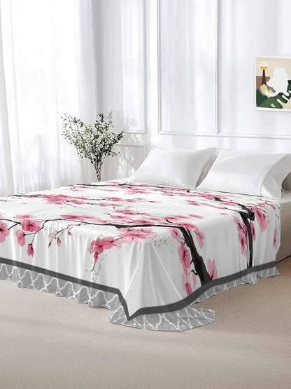 Spring Pink Flowers Full Size Sheets - Hotel Quality Full Flat Sheet Only 1 Pack, Botanical Peach Blossoms Floral Soft Bed Sheet Brushed Microfiber Bedding Top Sheets for Home Dorm
