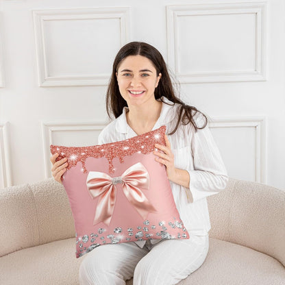 Grey Bowknot Throw Pillow Covers,Starry Sky Sequins Bow Sparkling Diamond Square Pillow Cases 16"*16"*2,Pink Bow Knot Decorative Pillowcases,Dreamy Princess Tie Cushion Covers Light Pink Room