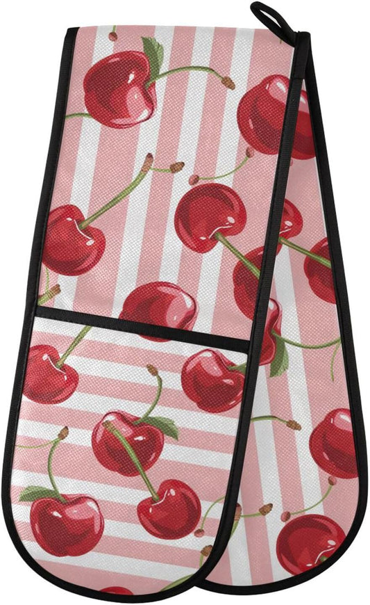 SUABO Double Oven Mitts for Handling Hot Pots 35"x7", Pink Striped with Cherries Heat Resistant Potholder for Kitchen Cooking Backing
