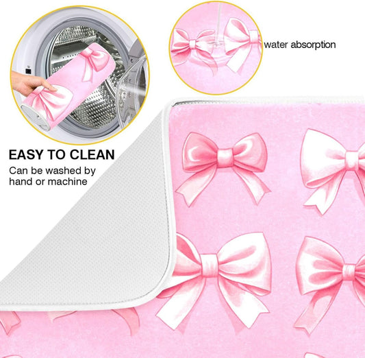 Dish Drying Mat for Kitchen Counter Cute Light Pink Ribbon Bows Absorbent Drying Dish Mat 16×18 inch Dish Rack Pad Coffee Mat for Sink Dishes Under Rack