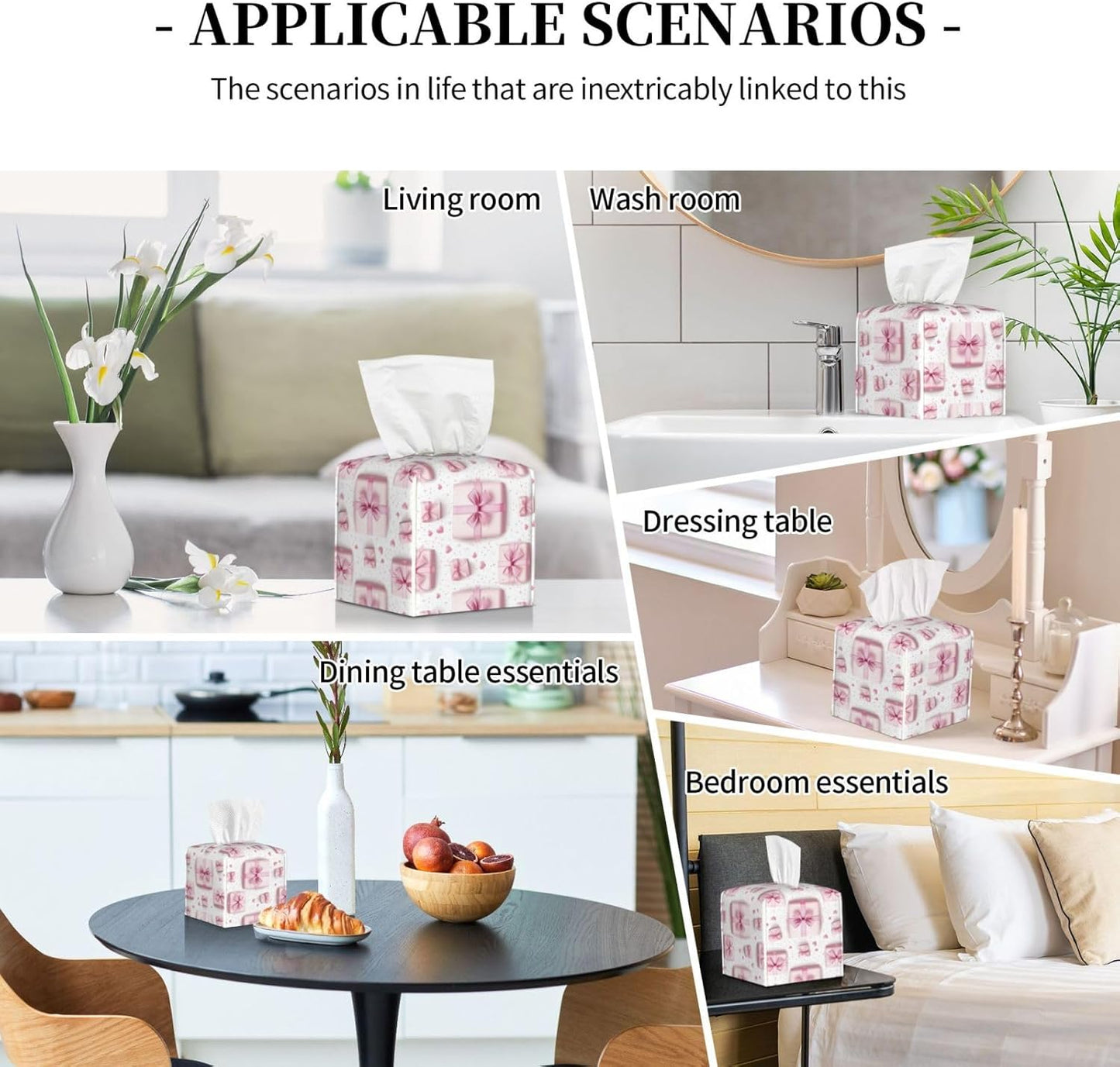 Pink Ribbon Box Print Tissue Box Cover Holder Cube, Foldable Leather Tissue Box Cover Square, Modern Decorative Organizer for Tabletop Bathroom Car Office Desk Decor