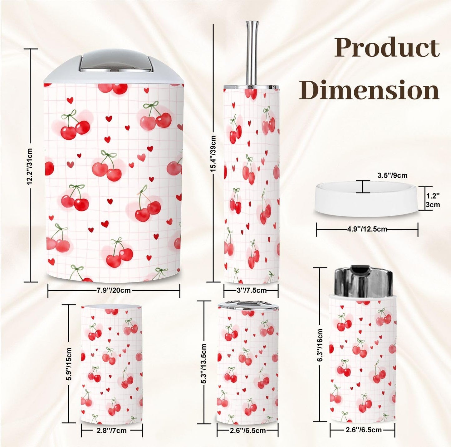 Bathroom Accessory Set 6PCS Cherries Heart Soft Pink Trash Can, Soap Dispenser, Toothbrush Holder, Toothbrush Cup, Toilet Brush Holder, Soap Dish for Gifts