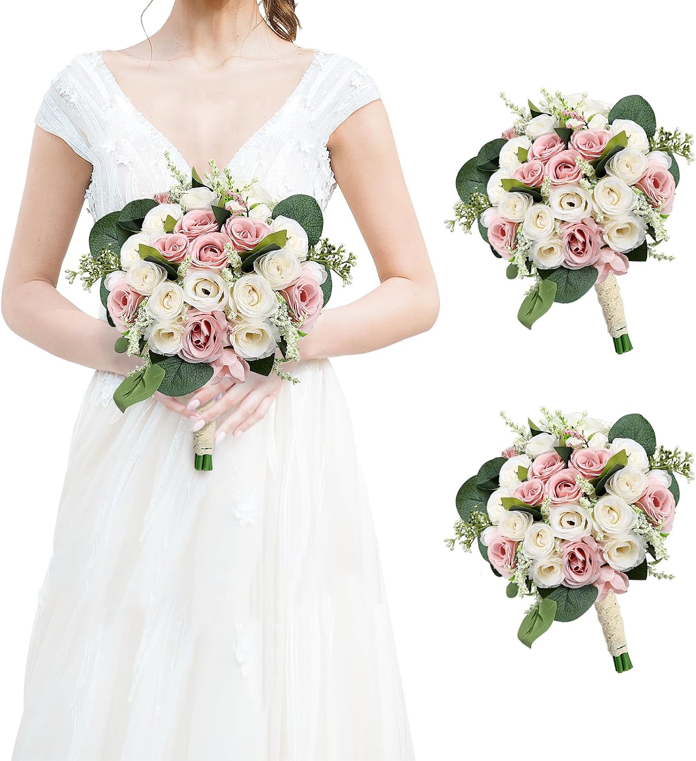 Bridesmaids Bouquets for Wedding - Set of 2 Realistic Artificial Rose Eucalyptus Silk Bride Flowers for Bridal Shower Ceremony Decorations - Dusty Pink