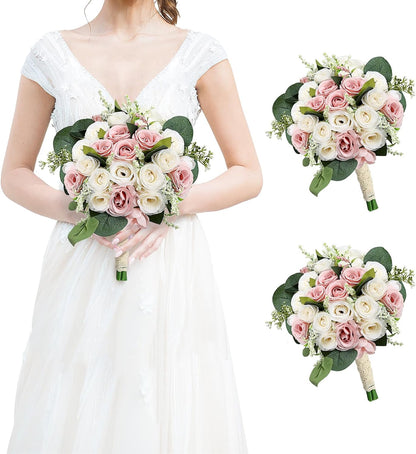 Bridesmaids Bouquets for Wedding - Set of 2 Realistic Artificial Rose Eucalyptus Silk Bride Flowers for Bridal Shower Ceremony Decorations - Dusty Pink