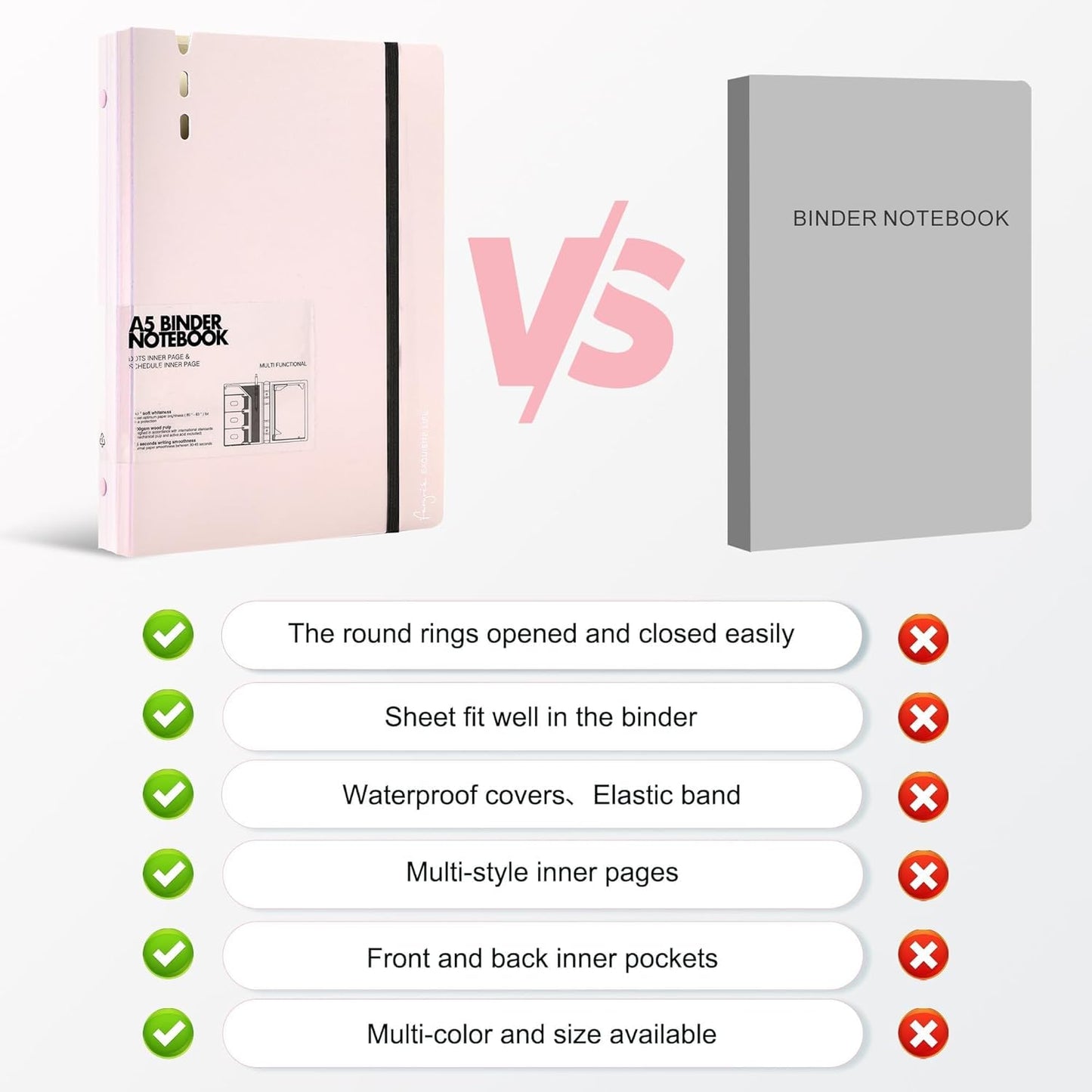 CAGIE A5 Binder 6 Ring Notebook with Dividers Refillable Planner Binder with Pockets, Refill Paper Include Planning Square Ruled and Dotted Pages, 6.89 x 9.25 In, (Pink, A5 Daily&Dot Page)