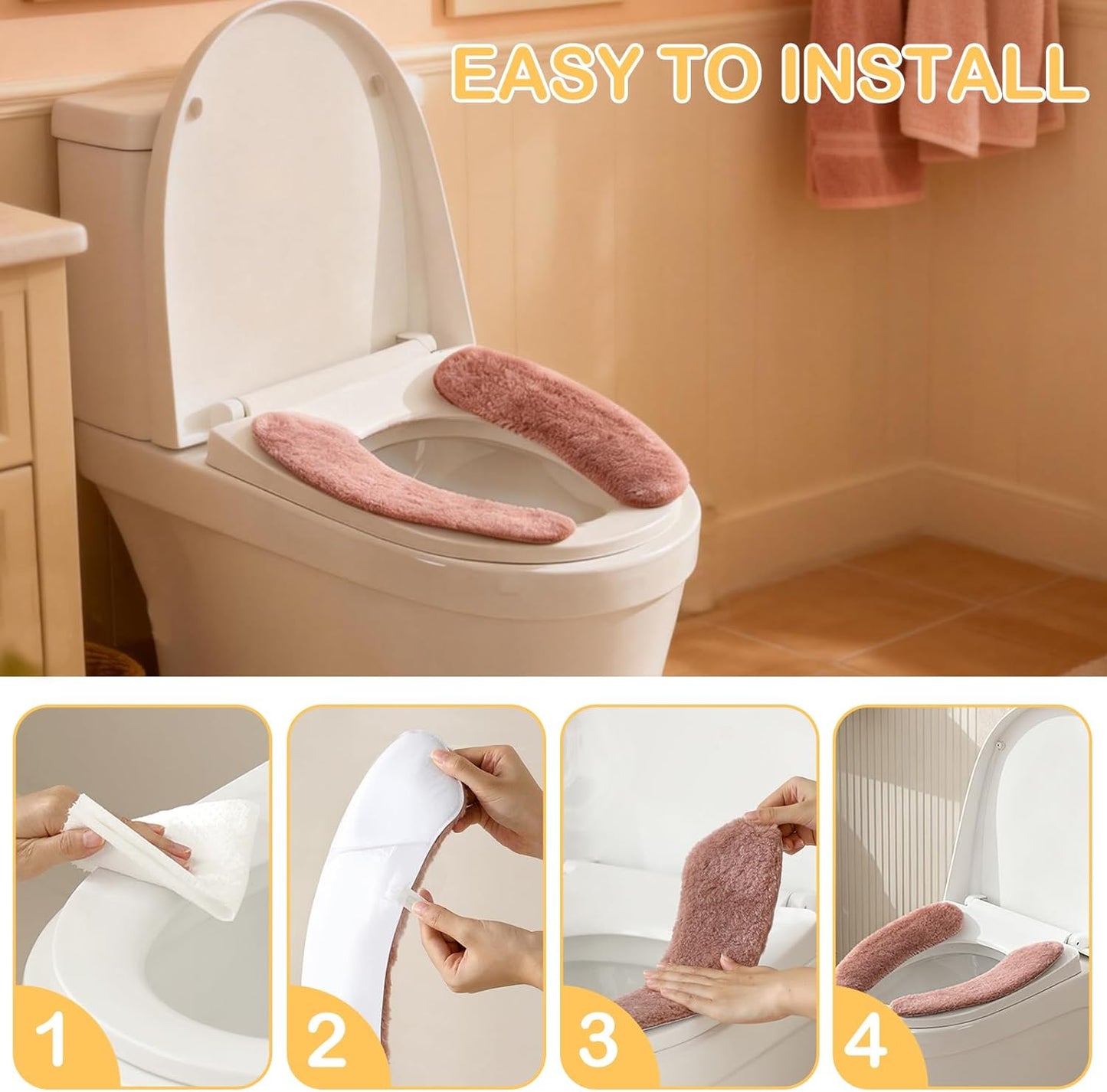Plush Toilet Seat Cover Pads - Washable Warm Cushion, Soft Bathroom Warmer Mat - Universal Self Adhesive Design (Pink)